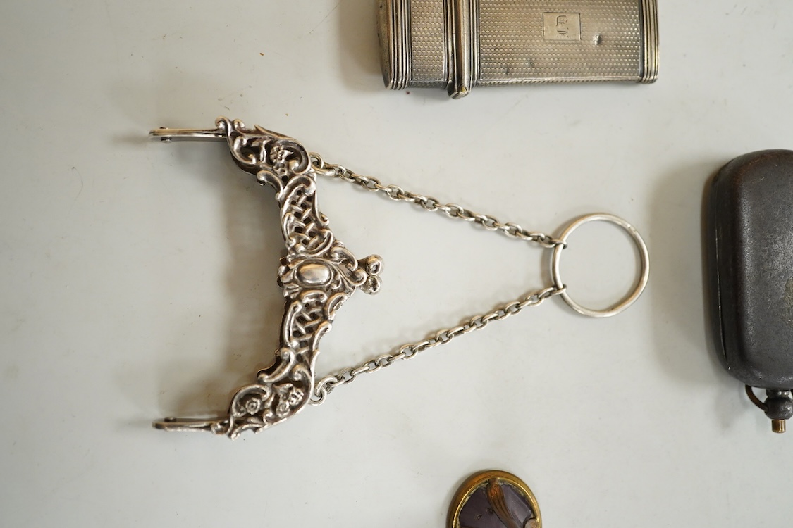 A William IV engine turned silver etui case, maker GC, London, 1836, 61mm, together with a silver purse mount, amethyst? set fob seal and a base metal sovereign case.